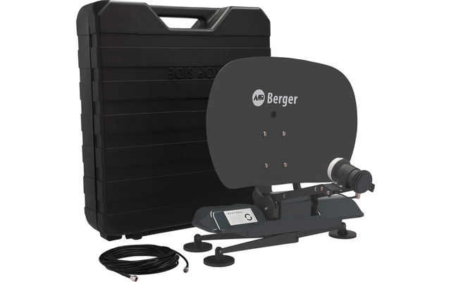 Flache dunkelgraue Antenne mit Berger-Schriftzug auf grauem Metallgestell, aufgerolltes schwarzes Kabel, schwarzer Hartschalen-Koffer im Hintergrund