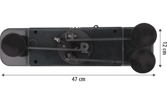 Dunkelgraue rechteckige Kunststoffplatte mit mittiger runder Metallmechanik, zwei dünne dunkle Riemen, die zu vier schwarzen runden Scheiben führen (je zwei links und rechts), darunter ein Maßpfeil mit "48 cm" und rechts ein Maßpfeil mit "12 cm"