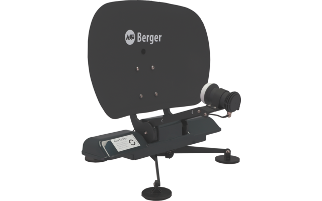 Dunkelgraues, flaches, ovales Panel mit weißem "Berger"-Logo, befestigt an einer schwarzen Basis mit Hebel; rechts ein zylindrisches Bauteil mit weißem Rand; zwei ausfahrbare Stangen mit runden Saugnapffüßen