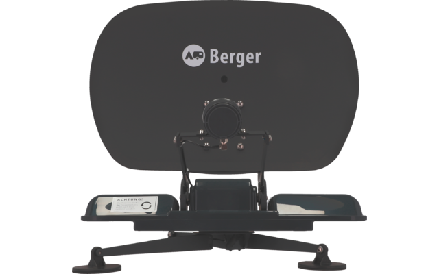 Schwarzes ovales Paneel mit weißem Schriftzug "Berger", darunter ein rundes Bauteil mit sichtbaren Schrauben und einer Metallhalterung; schwarze Basis mit zwei Saugnäpfen und zwei flachen Ablagen mit weißen Etiketten