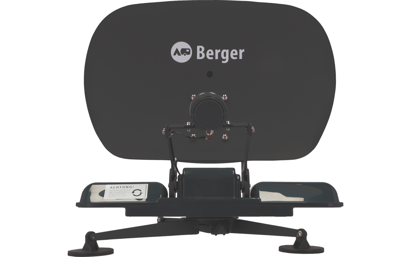 Schwarzes ovales Paneel mit weißem Schriftzug "Berger", darunter ein rundes Bauteil mit sichtbaren Schrauben und einer Metallhalterung; schwarze Basis mit zwei Saugnäpfen und zwei flachen Ablagen mit weißen Etiketten