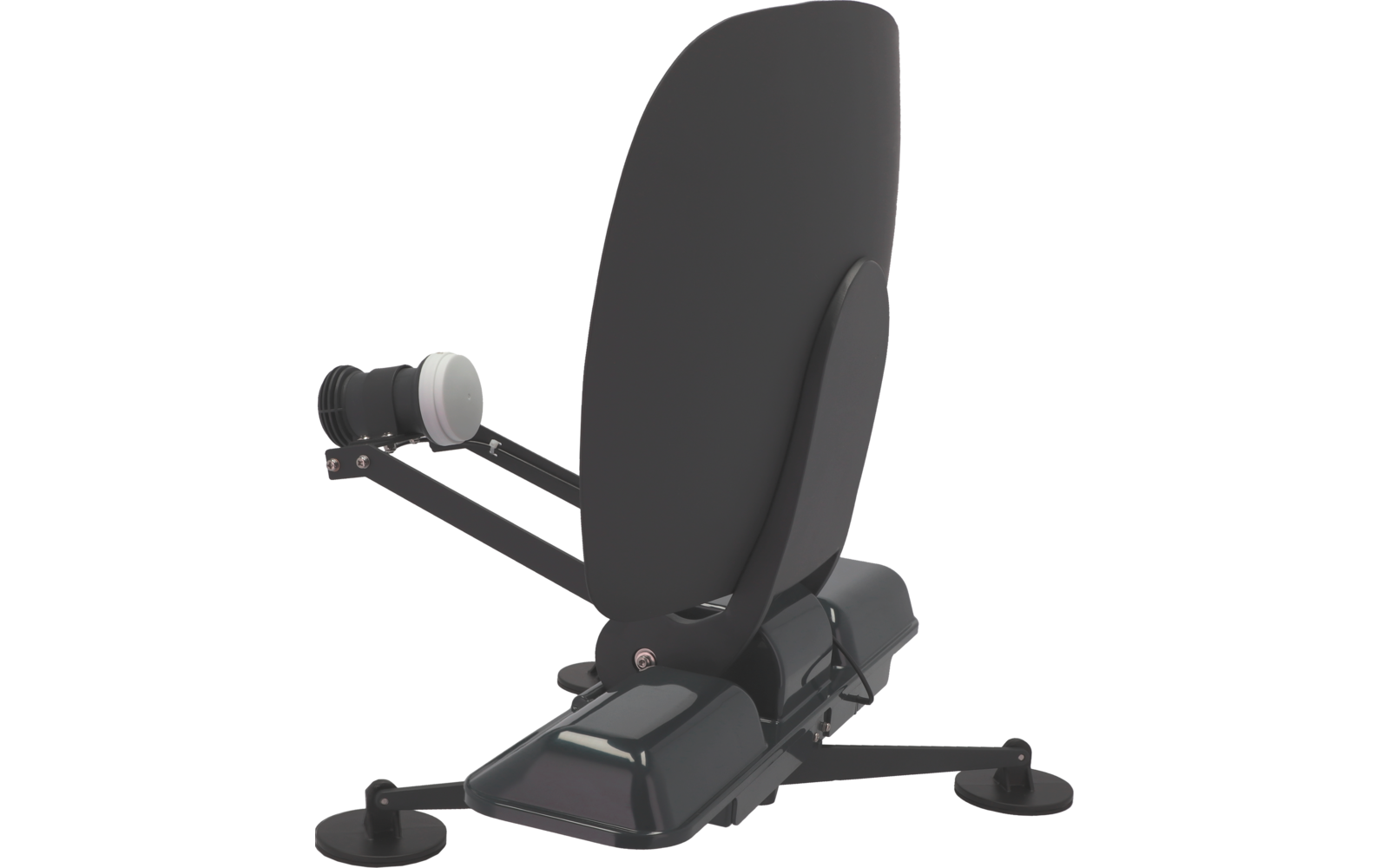 Schwarzes Gerät mit hoher, gewölbter Rückenlehne auf Schiene, vorn zylindrisches schwarz-weißes Bauteil und zwei runde Standfüße