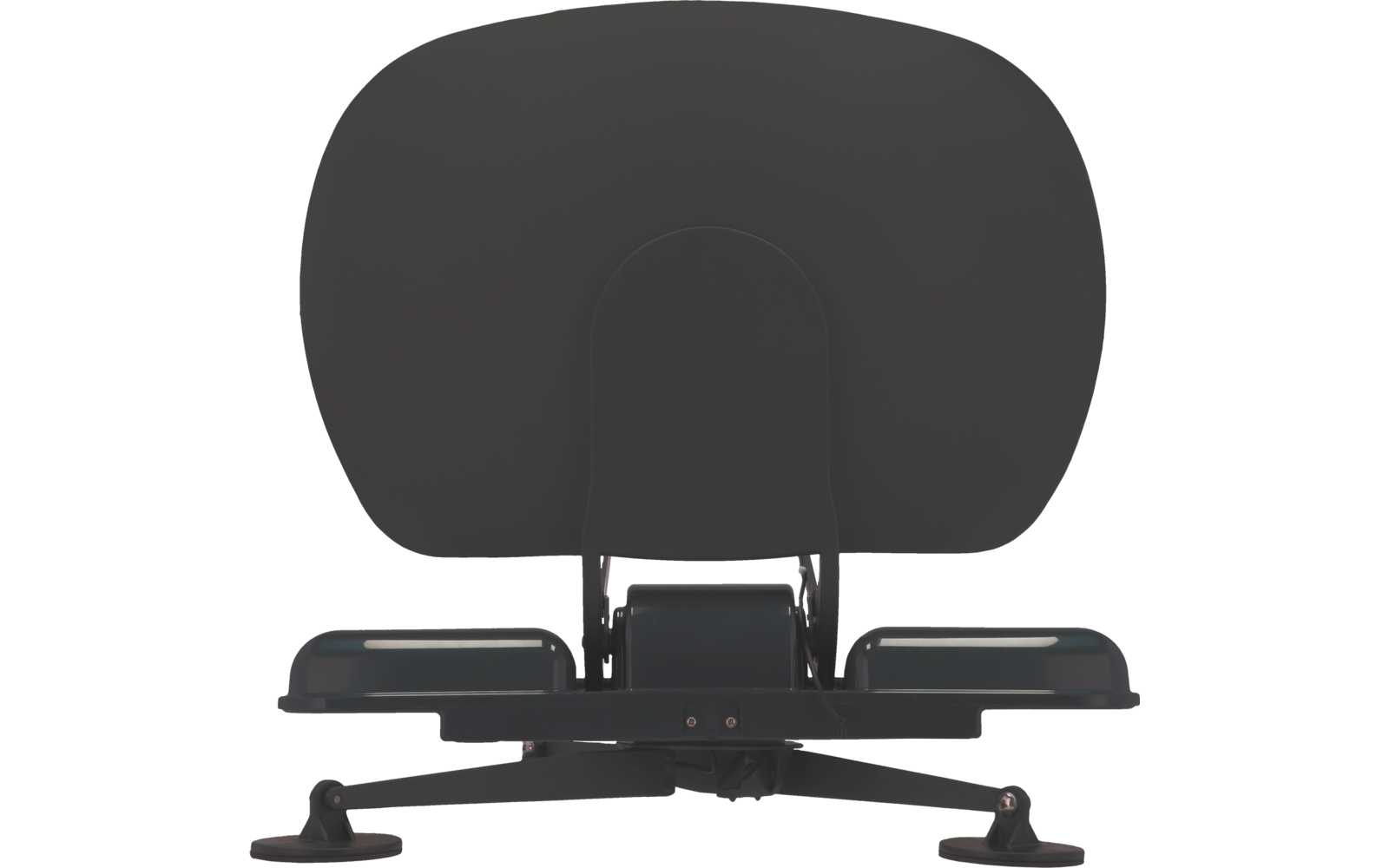 Grau-schwarzes, abgerundetes, gepolstertes Paneel auf einem zentralen Stützarm, zwei flache rechteckige Auflagen und sichtbares Metallgestänge