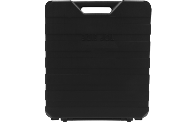 Schwarzer rechteckiger Kunststoffkoffer mit Tragegriff und horizontalen Rillen