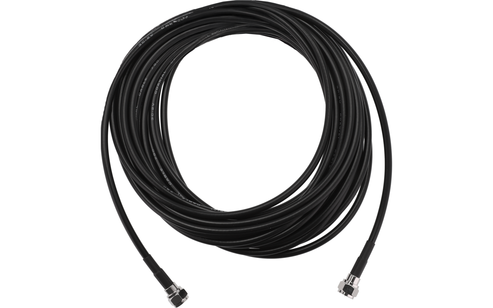 Aufgerolltes schwarzes Kabel mit zwei Metallsteckern an den Enden, ein gerader und ein gewinkelter