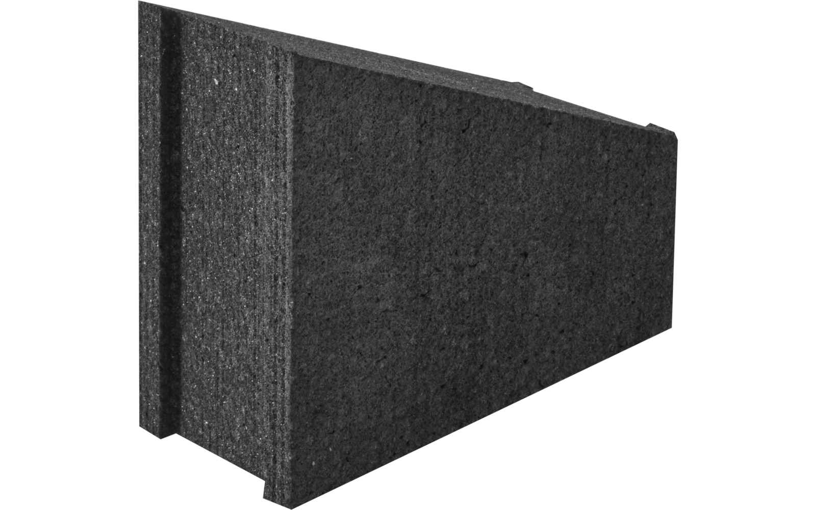 Dunkelgrauer, rechteckiger Block mit rauer Oberfläche in Perspektive, linke Vorderkante mit zwei schmalen Vertiefungen