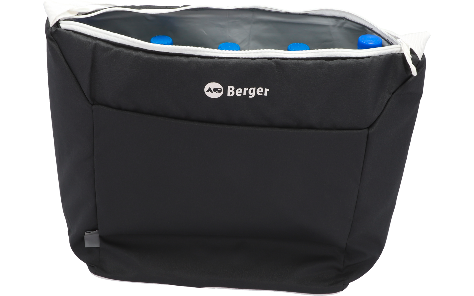 Schwarze isolierte Kühltasche mit weißem Reißverschluss und blauem Innenfutter