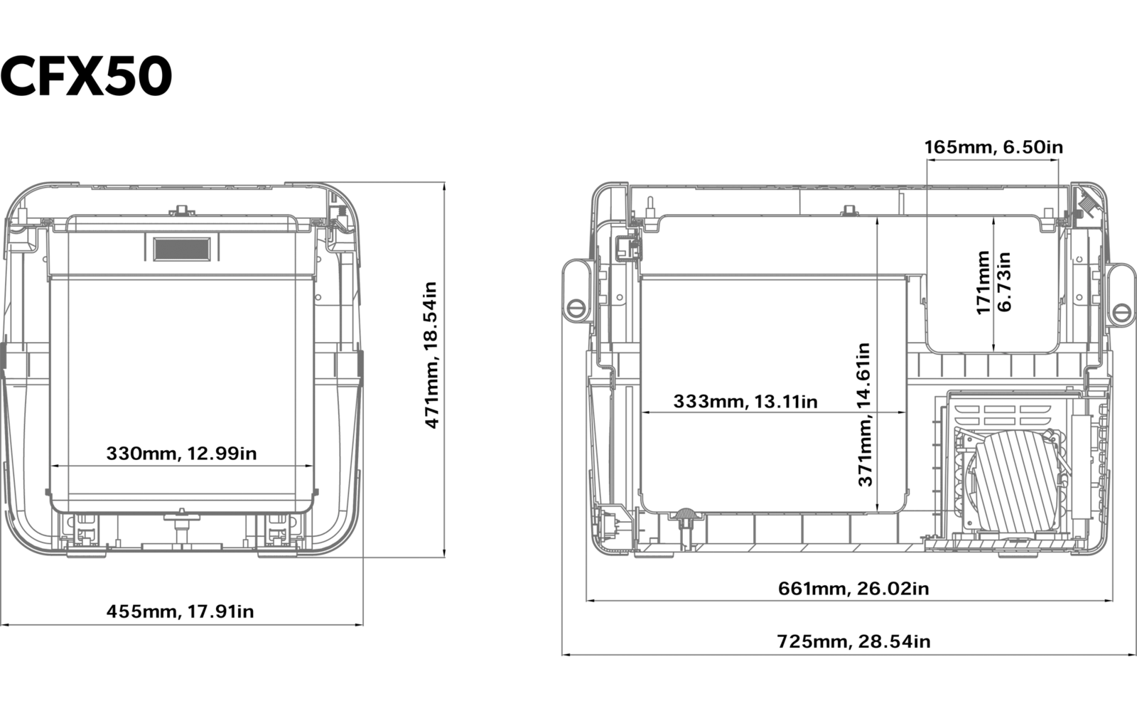 Technische Zeichnung einer Kühltasche mit Maßen in Millimetern, Ansicht von vorne und von oben