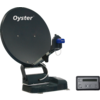 Zwarte schotelantenne met opschrift 'Oyster', gemonteerde LNB met kabel en een apart grijs bedieningspaneel met display en knoppen op witte achtergrond
