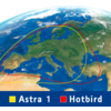 Zicht op Europa en de Middellandse Zee vanuit de ruimte met wolken; gele en rode lijnen over de kaart; onderaan blauwe balk met legenda met geel vierkant 'Astra 1' en rood vierkant 'Hotbird'