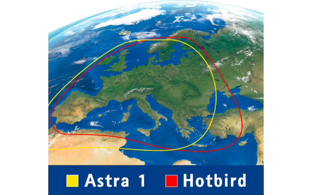 Zicht op Europa en de Middellandse Zee vanuit de ruimte met wolken; gele en rode lijnen over de kaart; onderaan blauwe balk met legenda met geel vierkant 'Astra 1' en rood vierkant 'Hotbird'