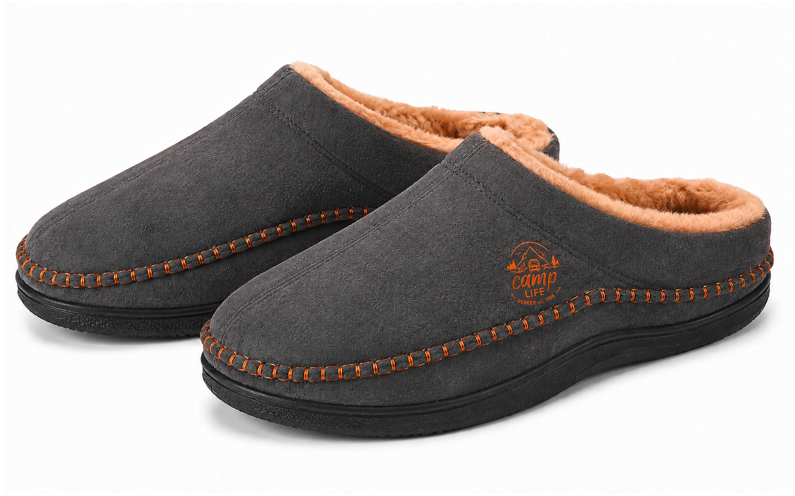 Graue Slipper-Pantoffeln mit orangefarbenem Fellfutter, orange Ziernähte und camp life-Logo an der Seite