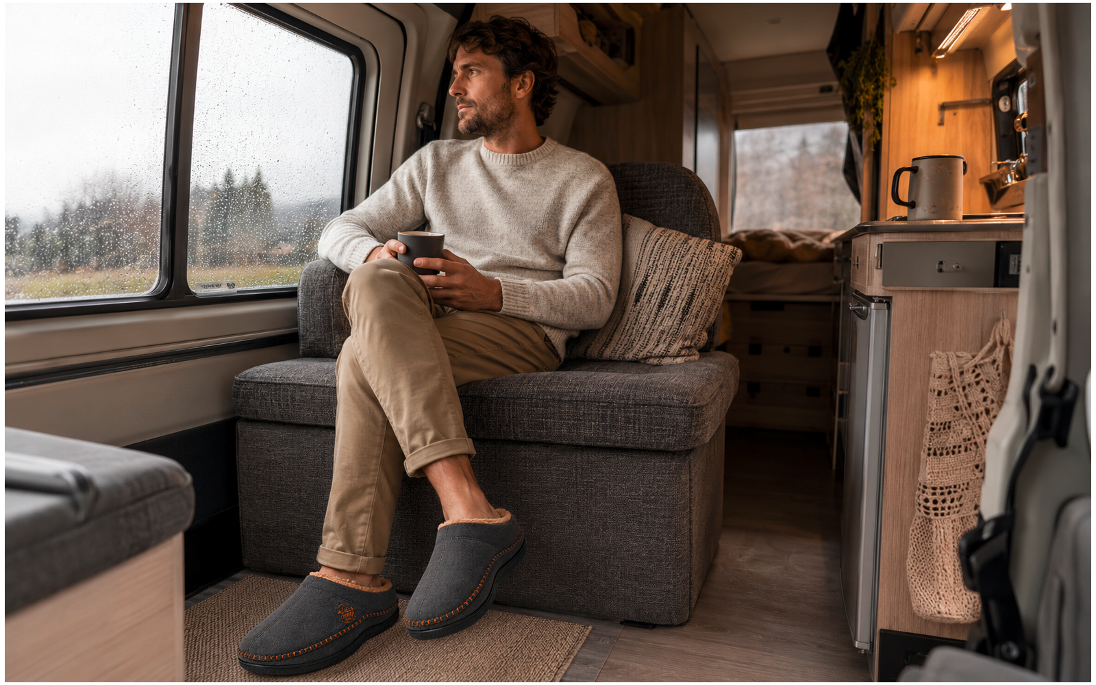 Person sitzt im Wohnmobil auf einem Sofa, hält eine Tasse und schaut aus einem regennassen Fenster; sichtbar: Kissen, Bett im Hintergrund, Küchenzeile mit Wasserkocher und Handtuch