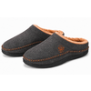Graue Slipper-Pantoffeln mit orangefarbenem Fellfutter, orange Ziernähte und camp life-Logo an der Seite