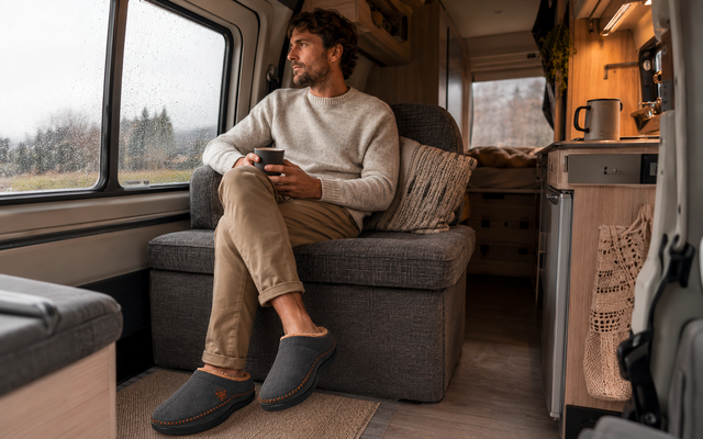 Person sitzt im Wohnmobil auf einem Sofa, hält eine Tasse und schaut aus einem regennassen Fenster; sichtbar: Kissen, Bett im Hintergrund, Küchenzeile mit Wasserkocher und Handtuch