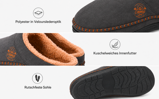 Drei Nahaufnahmen eines dunkelgrauen Hausschuhs mit orangefarbenem Teddyfutter, orangefarbener Naht, sichtbarem Logo und profilierter Sohle