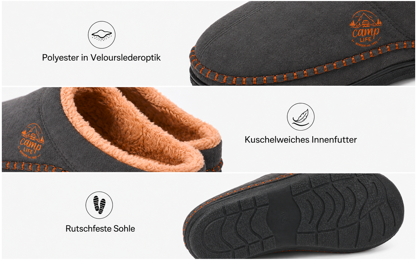 Drei Nahaufnahmen eines dunkelgrauen Hausschuhs mit orangefarbenem Teddyfutter, orangefarbener Naht, sichtbarem Logo und profilierter Sohle