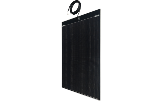 Panneau solaire noir avec cadre argenté et câble avec connecteur fixé en haut à gauche