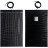 Deux panneaux rectangulaires noirs côte à côte ; à gauche face avant avec réseau de cellules et cadre métallique, à droite face arrière avec étiquette ; en haut de chaque panneau un câble noir avec connecteur