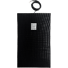 Panneau noir rectangulaire avec bordure argentée, étiquette blanche au centre et câble noir fixé en haut avec connecteur et fils apparents