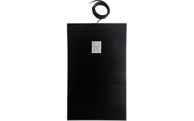 Panneau noir rectangulaire avec bordure argentée, étiquette blanche au centre et câble noir fixé en haut avec connecteur et fils apparents