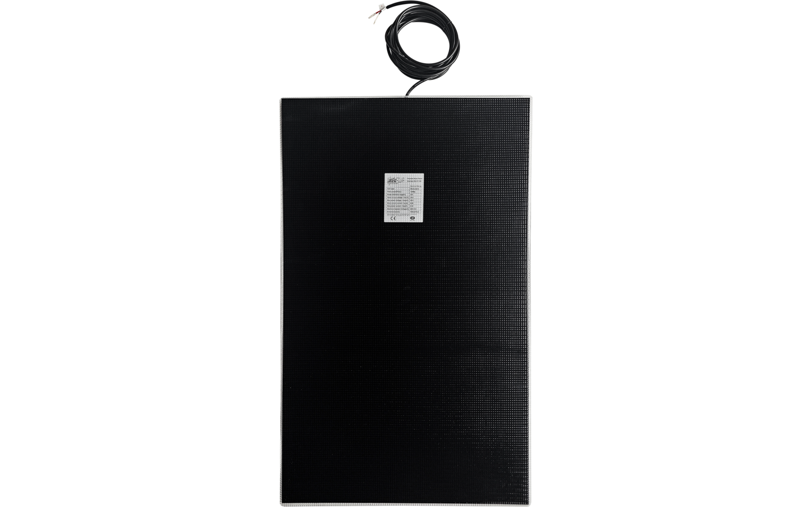 Panneau noir rectangulaire avec bordure argentée, étiquette blanche au centre et câble noir fixé en haut avec connecteur et fils apparents