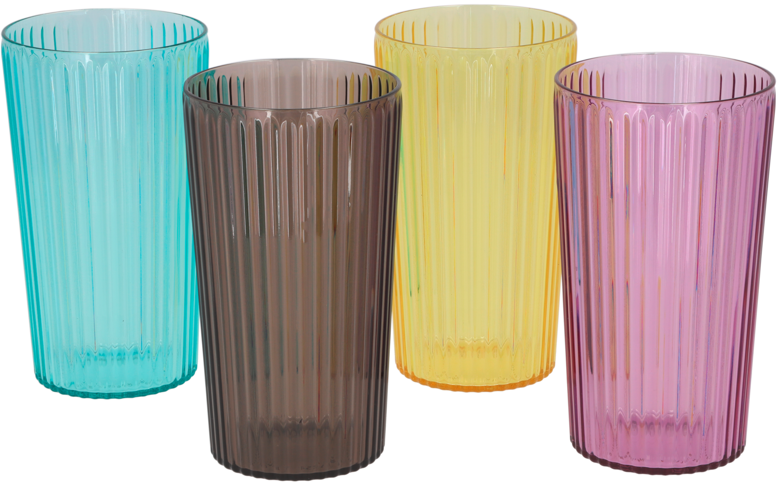 Vier farbige, gerippte Plastikbecher in Blau, Braun, Gelb und Pink
