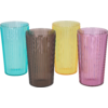Vier farbige, gerippte Plastikbecher in Blau, Braun, Gelb und Pink