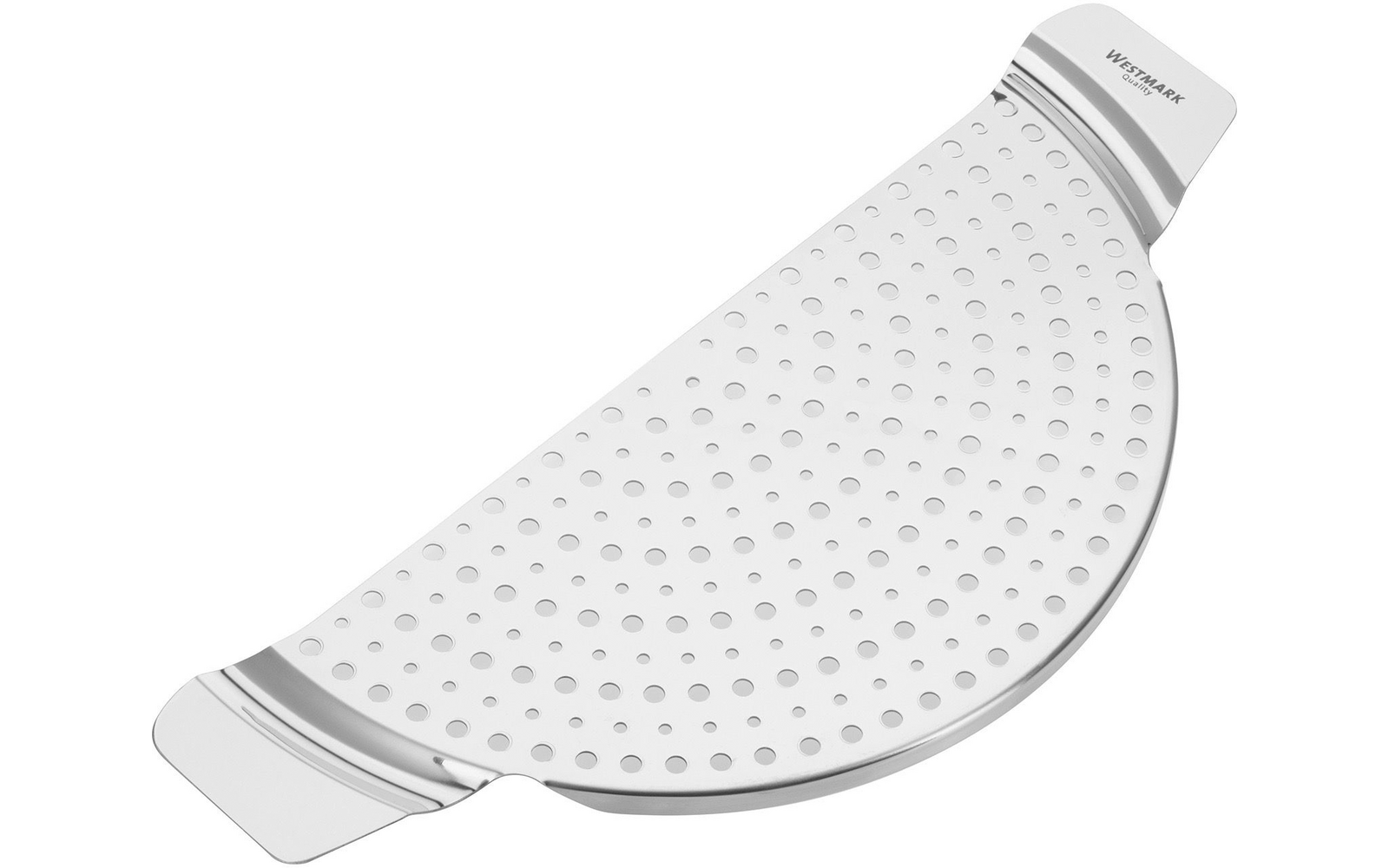 Halbrunde glänzende Metallplatte mit gleichmäßig angeordneten runden Löchern und flachen Griffen an beiden Enden