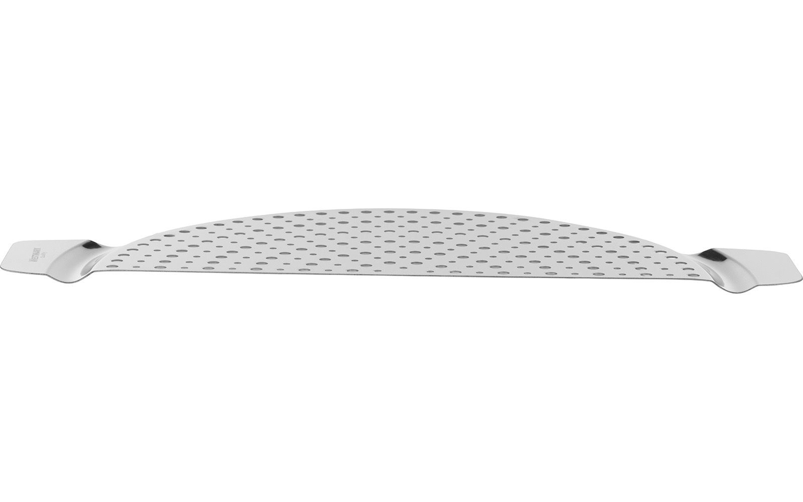 Gebogenes silbernes Metallgitter mit vielen runden Löchern und flachen Griffen an beiden Enden