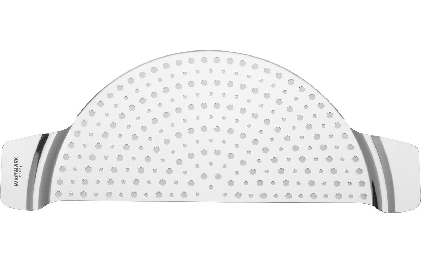 Weißes halbkreisförmiges Objekt mit gleichmäßig angeordneten runden Löchern, flachem unteren Rand und grauen Griffen links und rechts