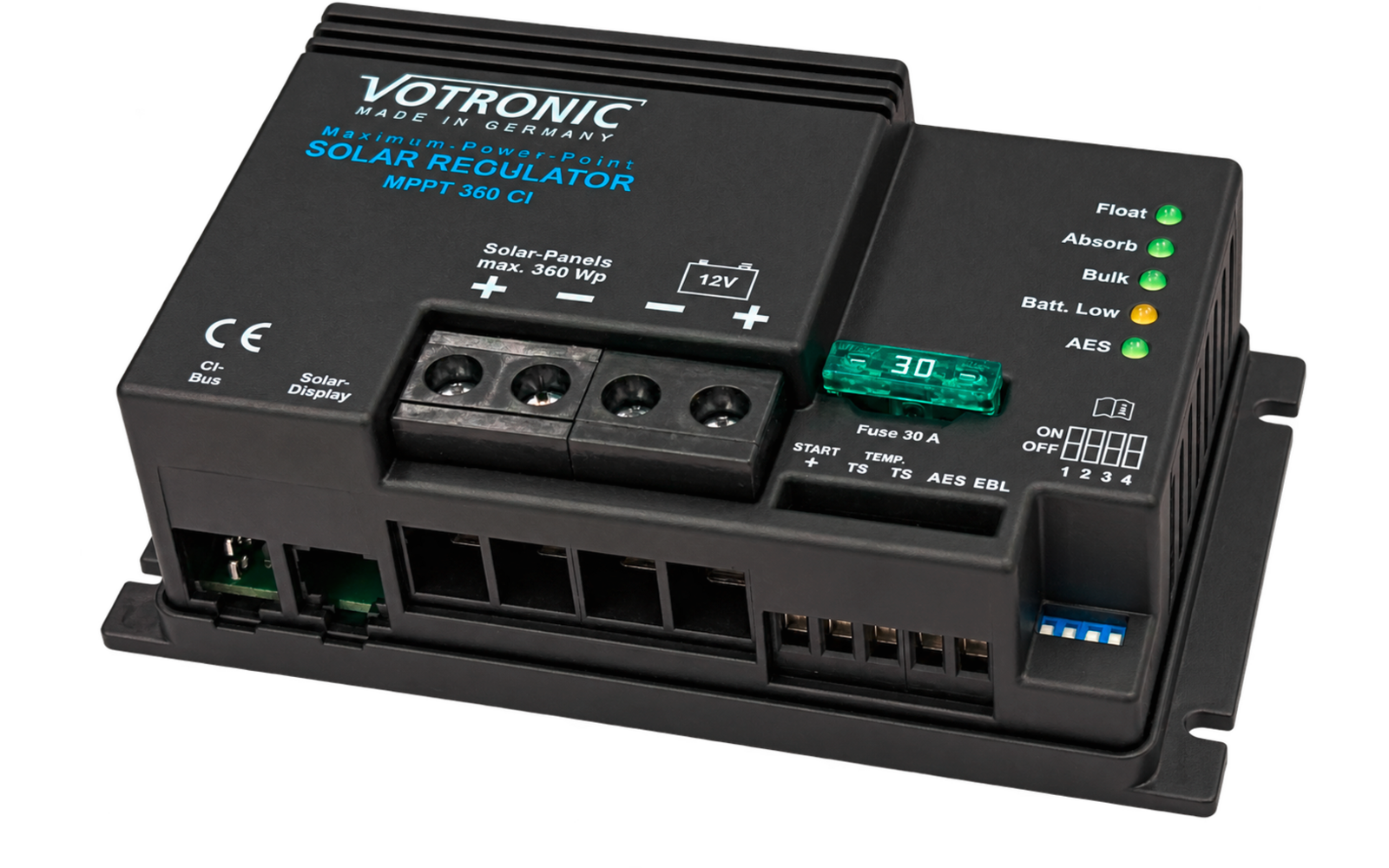 Black VOTRONIC solar regulator labeled 'SOLAR REGULATOR MPPT 360 CI', three screw terminals, green 30A fuse, and five labeled LED indicators