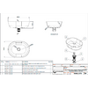 Technical drawing of an oval washbasin with front, side and section views, dimensions in millimeters, exploded view with numbered parts and a parts list; manufacturer logo and item number at bottom right