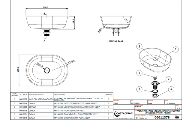 Technical drawing of an oval washbasin with front, side and section views, dimensions in millimeters, exploded view with numbered parts and a parts list; manufacturer logo and item number at bottom right