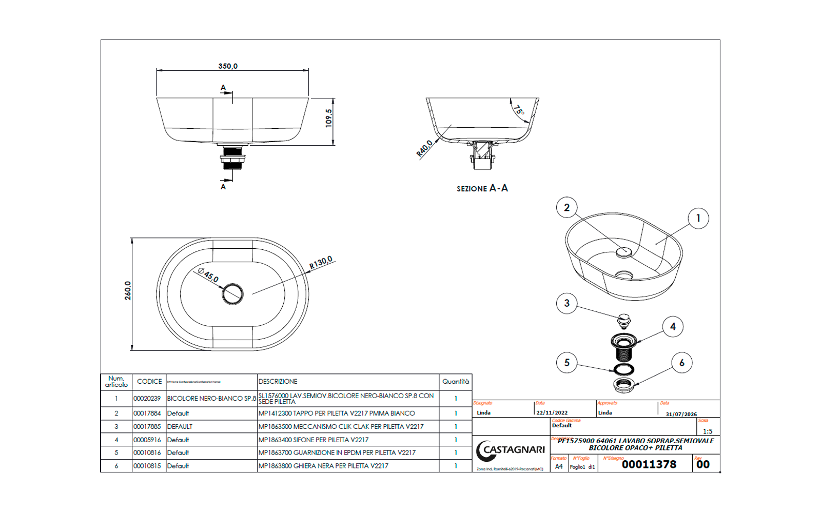 Technical drawing of an oval washbasin with front, side and section views, dimensions in millimeters, exploded view with numbered parts and a parts list; manufacturer logo and item number at bottom right