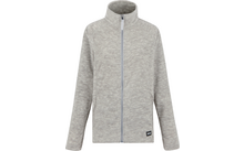 Veste gris clair zippée, col montant, manches longues, deux poches latérales et petite étiquette à l'ourlet