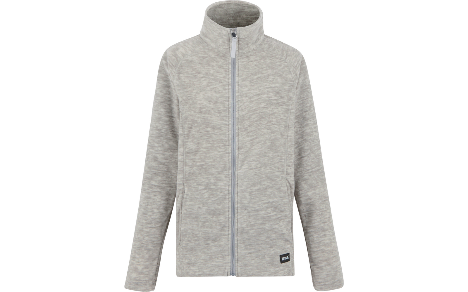 Hellgraue Jacke mit durchgehendem Reißverschluss, Stehkragen, langen Ärmeln, zwei seitlichen Taschen und kleinem Etikett am Saum