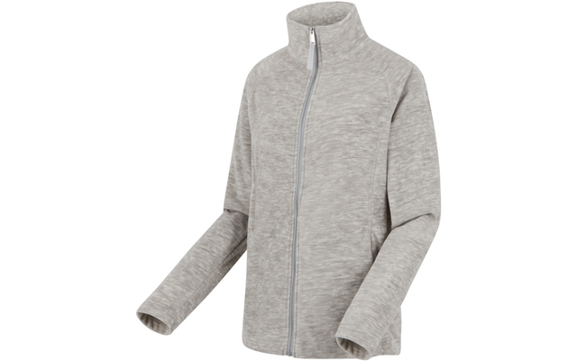 Hellgraue Jacke mit durchgehendem Reißverschluss, Stehkragen, langen Ärmeln und meliertem Stoff