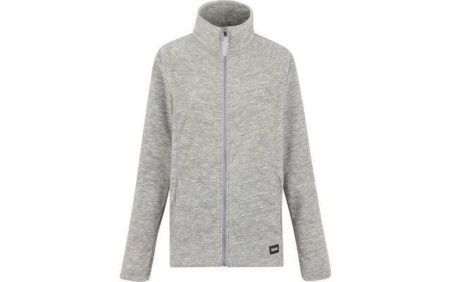 Hellgraue Jacke mit durchgehendem Reißverschluss, Stehkragen, langen Ärmeln, zwei seitlichen Taschen und kleinem Etikett am Saum