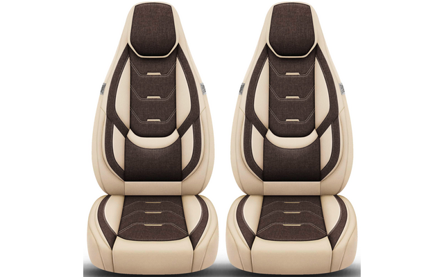 Zwei beige-braune Autositze nebeneinander, Frontalansicht, mit integrierten Kopfstützen und gepolsterten Mittelpartien