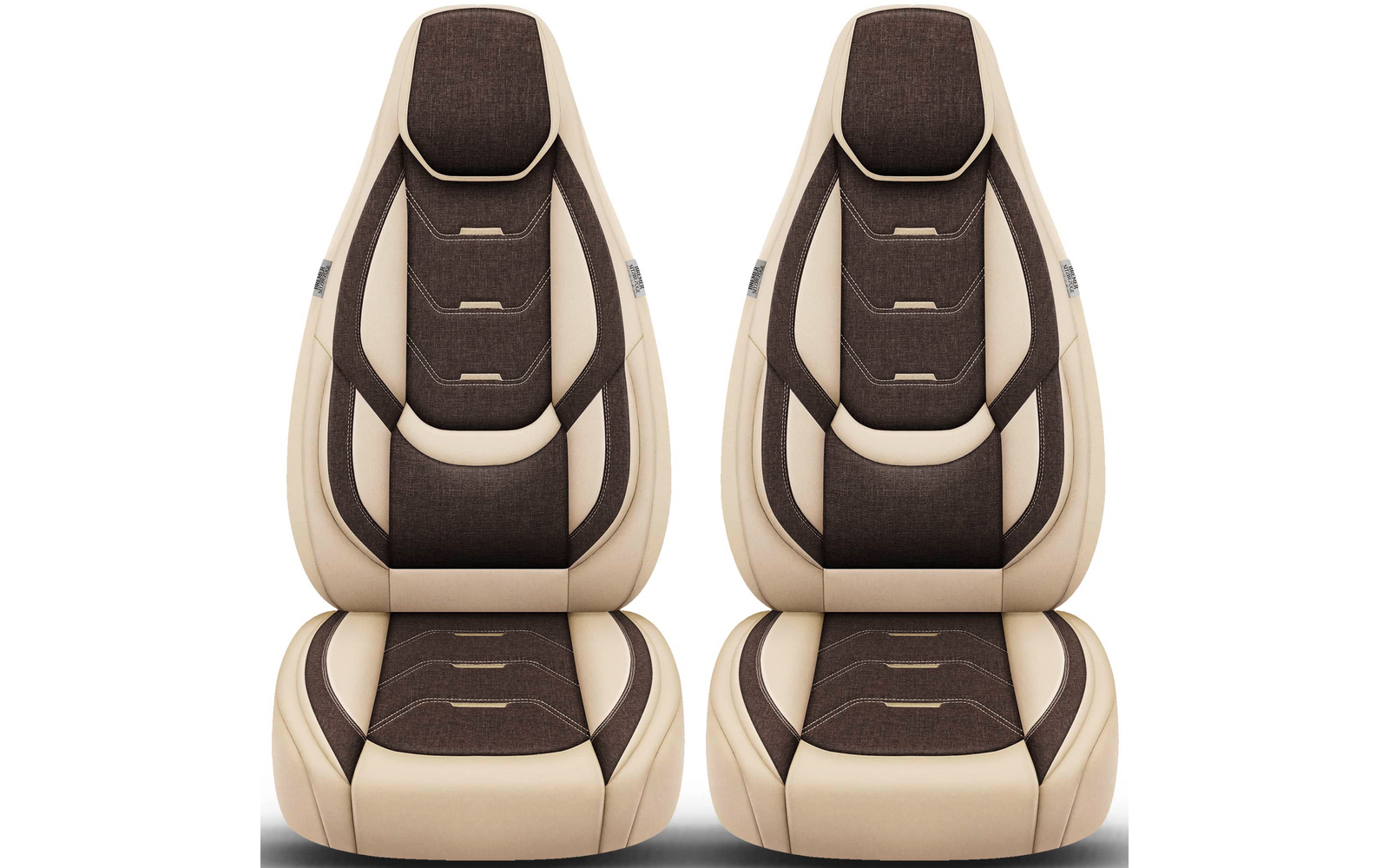 Zwei beige-braune Autositze nebeneinander, Frontalansicht, mit integrierten Kopfstützen und gepolsterten Mittelpartien