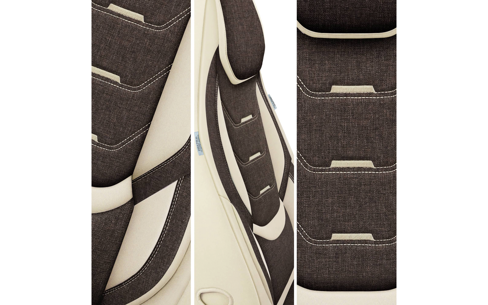 Drei schmale, vertikale Nahaufnahmen einer gepolsterten Fläche mit dunkelbraunem Stoffbezug, hellbeigen Kanten, sichtbaren Nähten und drei horizontalen Schlitzöffnungen