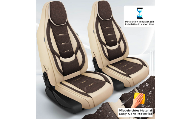 Zwei beige-braune gepolsterte Autositzbezüge nebeneinander; kleines Feld mit Sanduhr und Text 'Installation in kurzer Zeit / Installation in a short time'; kleines Feld mit Hand, die braunen Stoff abwischt, und Text 'Pflegeleichtes Material / Easy Ca
