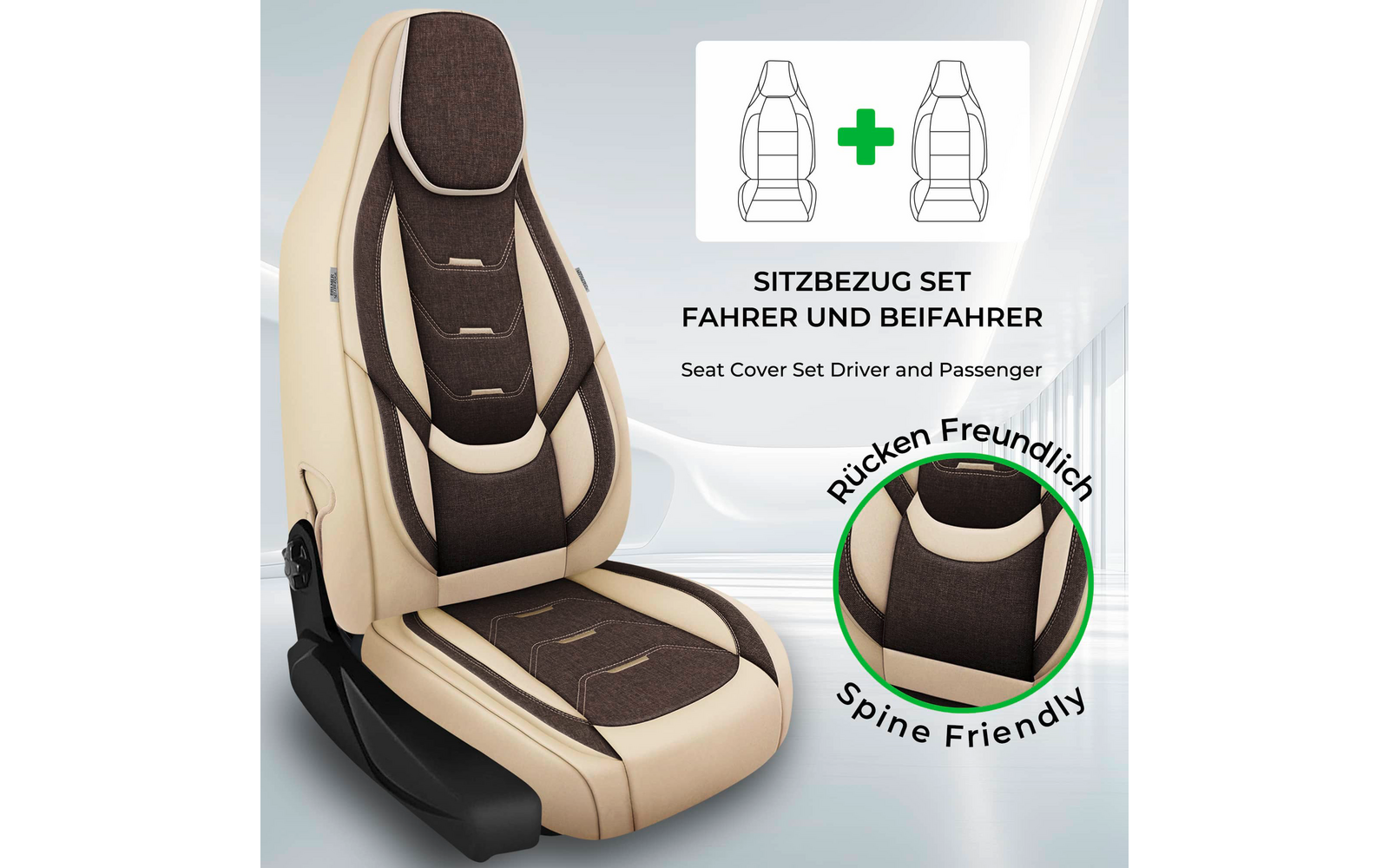 Beige-brauner Autositz mit Sitzbezug, daneben Piktogramm zweier Sitze mit Pluszeichen und der Schrift 'SITZBEZUG SET FAHRER UND BEIFAHRER', darunter 'Seat Cover Set Driver and Passenger', runder Ausschnitt des Sitzbezugs mit den Texten 'Rücken Freund
