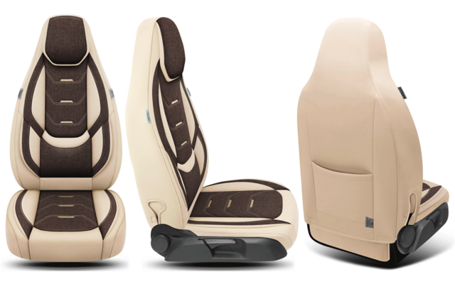 Drei Ansichten eines beigen Autositzbezugs mit braunen Polsterinsätzen: Vorder-, Seiten- und Rückansicht