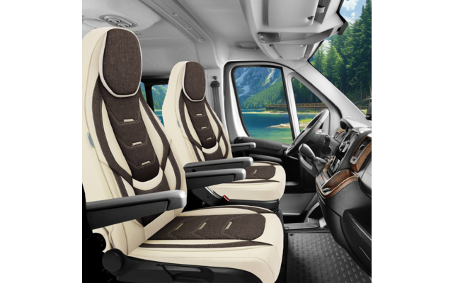 Innenraum eines Fahrzeugs mit zwei beige-braunen Vordersitzen mit Armlehnen, Lenkrad, Armaturenbrett und durch das Fenster sichtbarem See, Bergen und Wald