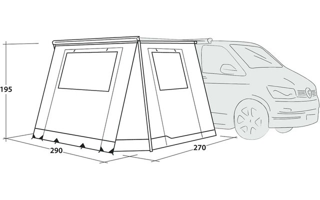 Auvent gonflable fixé sur le côté d'une camionnette, deux fenêtres rectangulaires, indications de dimensions 290, 270 et 195