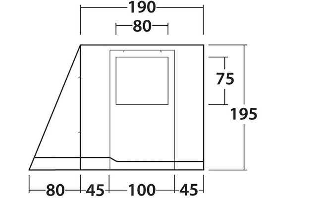 Dessin en lignes noires d'une face rectangulaire avec un côté gauche incliné, une base horizontale, une découpe carrée centrale et des cotes 190, 80, 75, 195, 80, 45, 100, 45