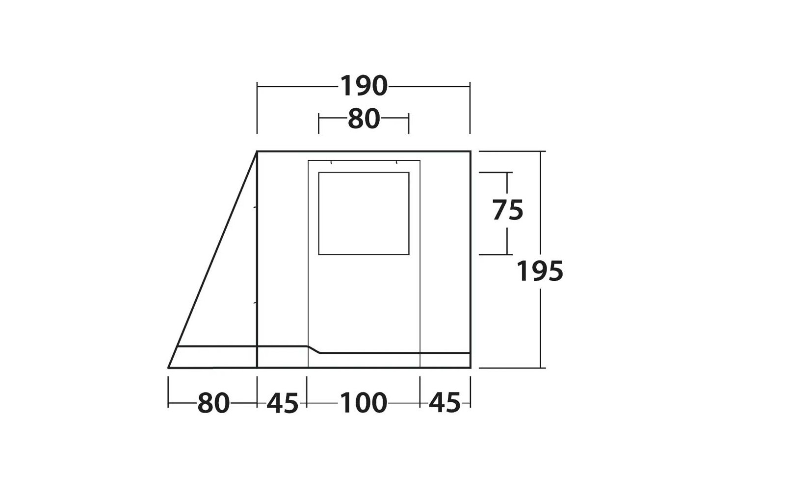 Dessin en lignes noires d'une face rectangulaire avec un côté gauche incliné, une base horizontale, une découpe carrée centrale et des cotes 190, 80, 75, 195, 80, 45, 100, 45