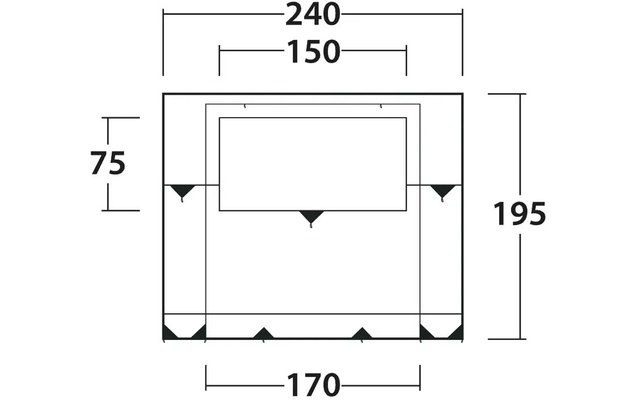 Grand cadre carré avec une ouverture rectangulaire en haut; cotes 240, 150, 75, 195, 170; cinq petits triangles noirs sur les bords du cadre